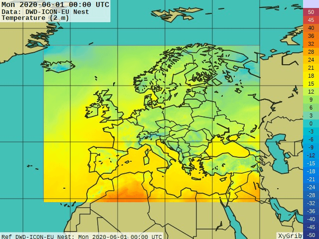 2m temperature profile of an ICON-EU weather forecast (01.06.2020 00 UTC model run) over Germany, displayed by XyGrib